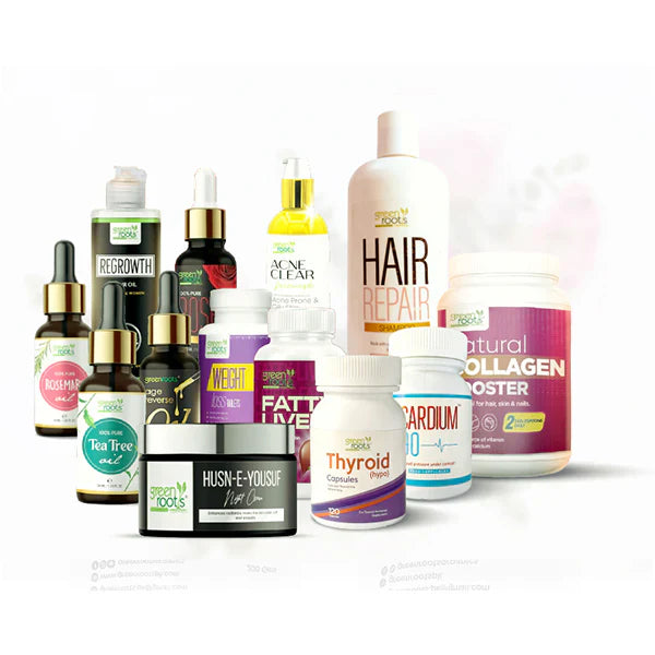 5 Herbal Products by Green Roots – Natural supplements and skincare essentials for health, beauty, and wellness including thyroid support, hair repair, glow serums, herbal masks, aloe vera skincare, and anti-aging oil.