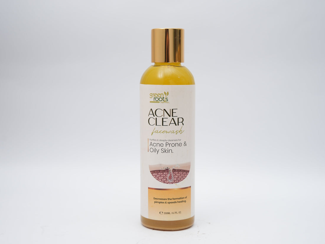 Organic Acne Clear Face Wash in Pakistan by Green Roots, shown in a golden bottle designed for acne-prone and oily skin, promoting clear and healthy complexion.