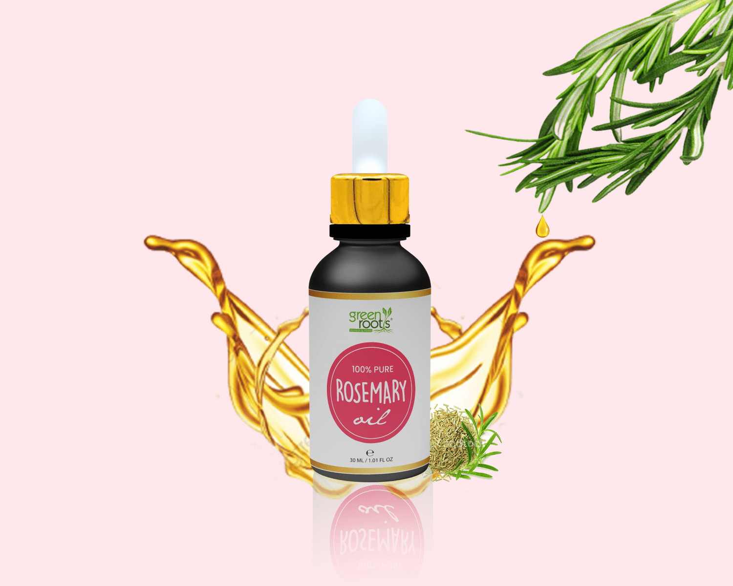 Rosemary Oil in Pakistan by Green Roots in a premium dropper bottle with natural rosemary leaves and golden oil splash on a soft pink background.